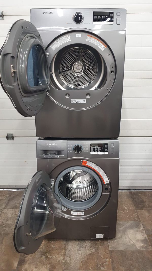 OPEN BOX SET SAMSUNG APPARTMENT SIZE FLOOR MODEL WASHER WW22K6800AX/A2 WITH STEAM AND DRYER DV22K6800EX/AC