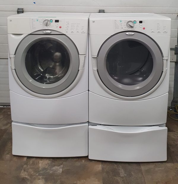 USED WHIRLPOOL DUET SET WITH PEDESTALS WASHING MACHINE GHW9209LW AND DRYER YGEW9200LW1